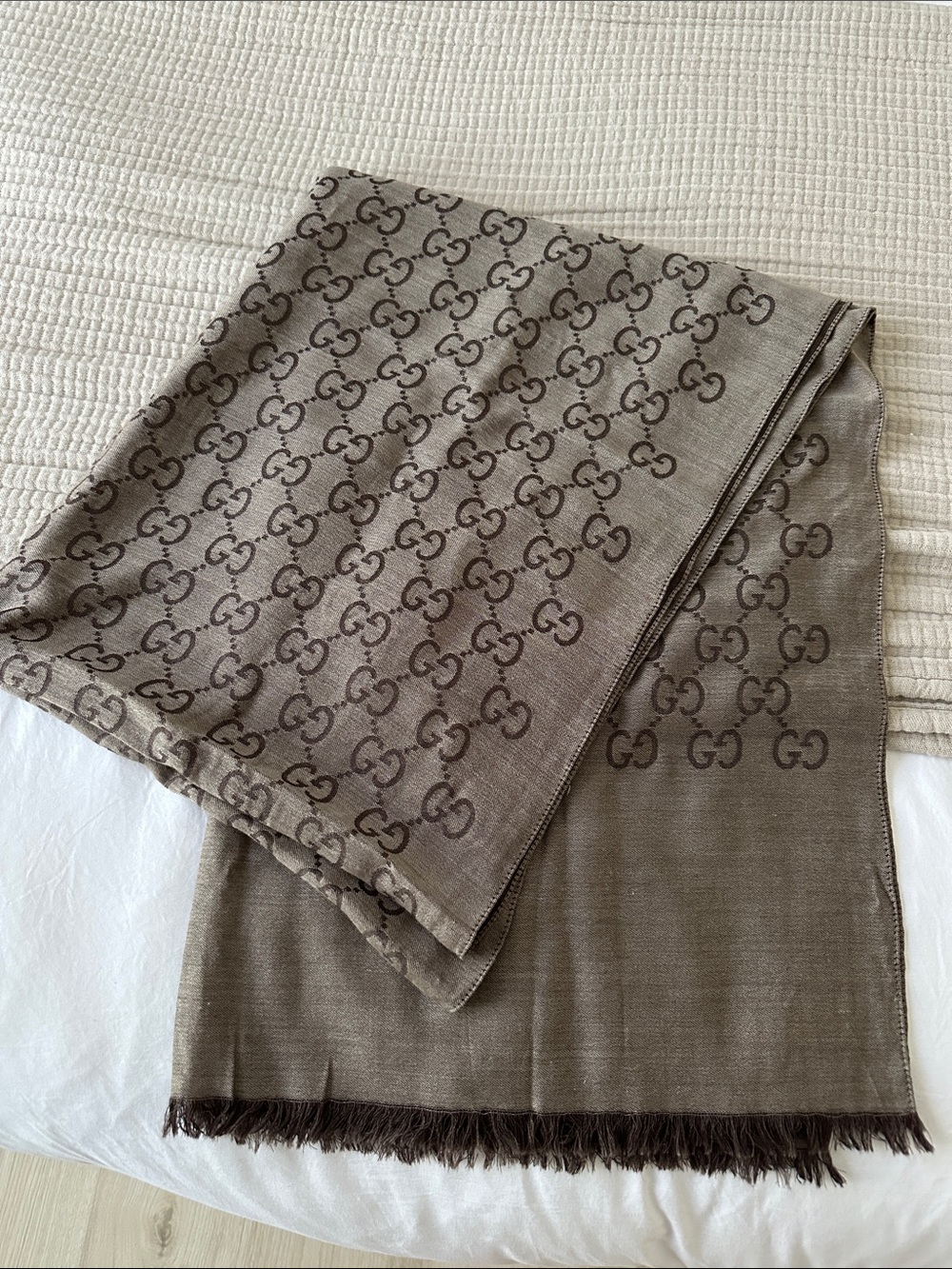 Gucci Brown GG Monogram Fringe Scarf